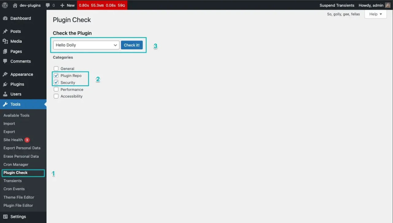 Pantalla de configuración del plugin Plugin Check en WordPress, mostrando opciones de verificación como General, Plugin Repo, Seguridad, Rendimiento y Accesibilidad
