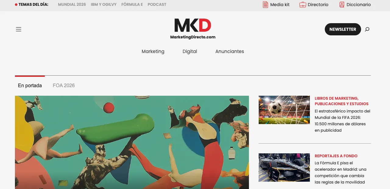 Captura de la homepage de MarketingDirecto.com optimizada en WordPress con enfoque en contenido y autonomía editorial