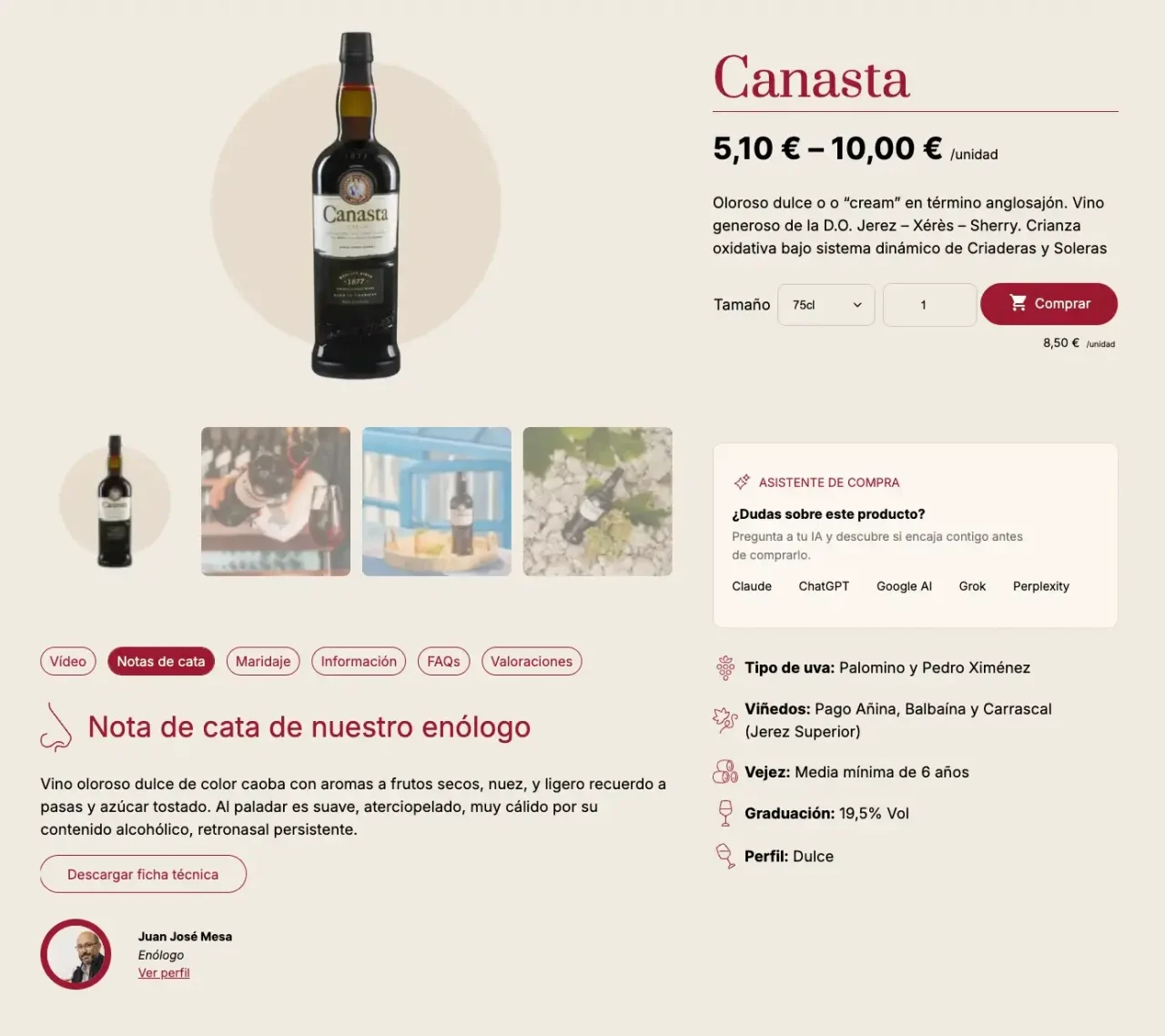 Ficha del vino Canasta con nota de cata, datos del producto y accesos a asistentes de compra con IA